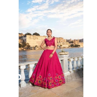 Pink tusser silk floral printed lehenga choli with dupatta