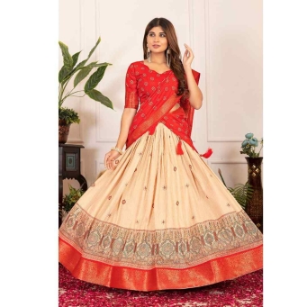 Red ready to wear lehenga with matching dupatta and unstitched blouse