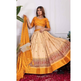 Yellow ready to wear lehenga with unstitched blouse and matching dupatta for festive occasions