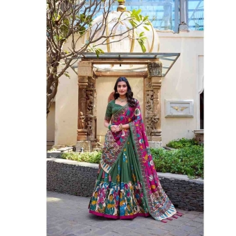 Mehendi green tusser silk floral printed lehenga choli with matching dupatta for festive wear