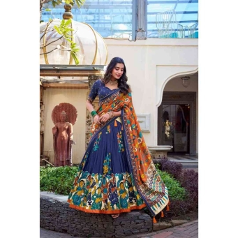 Navy blue tusser silk lehenga choli with floral print and matching dupatta for festive wear