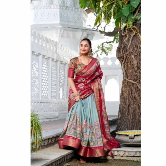 Ivory and purple Tusser silk lehenga choli with floral print and foil work dupatta