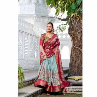 Ivory and purple Tusser silk lehenga choli with floral print and foil work dupatta