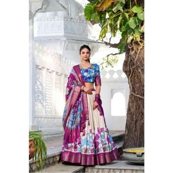 Sea green and red Tusser silk lehenga choli with floral print, foil work and matching dupatta