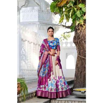 Sea green and red Tusser silk lehenga choli with floral print, foil work and matching dupatta