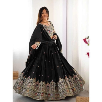 Black Chinon lehenga choli with embroidery sequence work and matching dupatta