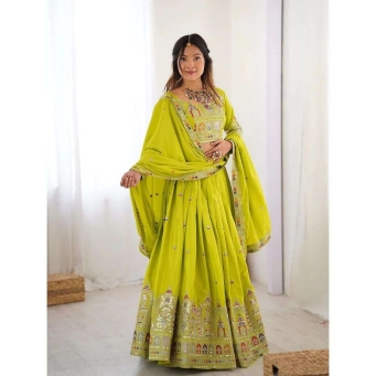 Lime green Chinon lehenga choli with embroidery sequence work and matching dupatta
