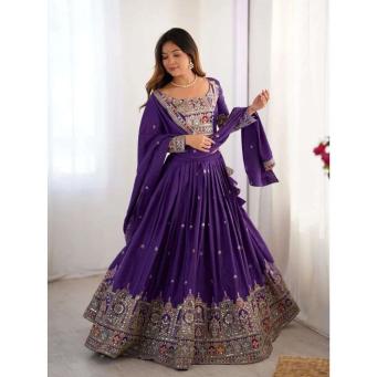 Purple Chinon lehenga choli with embroidery sequence work and matching dupatta