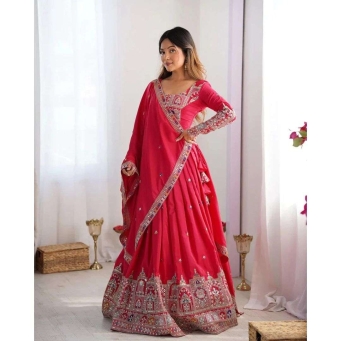 Women's red Chinon lehenga choli with embroidery sequence work dupatta for weddings, festive occasions and ethnic celebrations