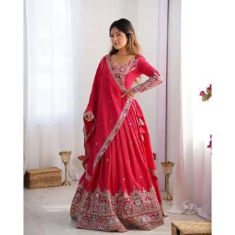 Women's red Chinon lehenga choli with embroidery sequence work dupatta for weddings, festive occasions and ethnic celebrations
