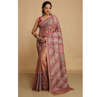 Woman wearing The CrazyLooms beige and pink handcrafted Bangalore silk Kantha saree with elegant traditional design