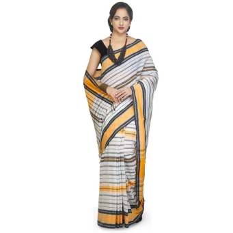Woman wearing The CrazyLooms off white and yellow Dhaniakhali handloom pure cotton saree with abstract woven design