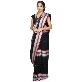 Woman wearing The CrazyLooms black woven abstract design Begampuri handloom pure cotton saree front view