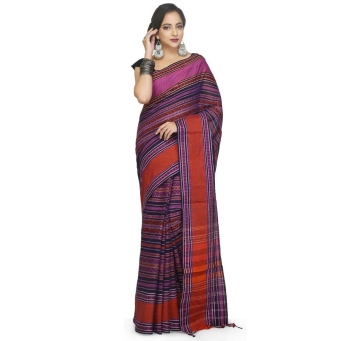 Woman wearing The CrazyLooms black multi colour handmade Dhaniakhali pure cotton saree with traditional handloom design