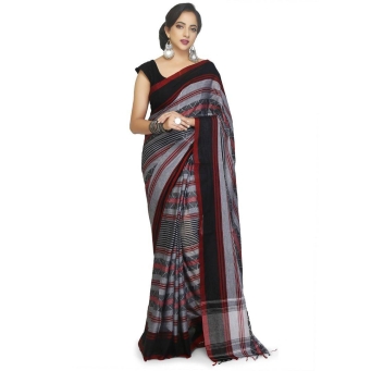 Elegant grey handmade cotton saree showcasing authentic Dhaniakhali weaving and traditional Bengali heritage