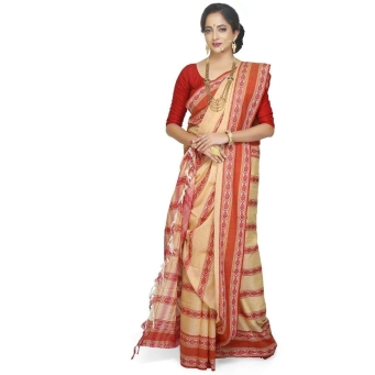 Woman wearing beige and red Dhaniakhali cotton saree with traditional fish motif weaving and classic red paad border