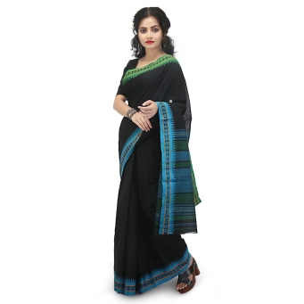 Woman wearing black pure cotton Dhaniakhali saree with traditional Ganga Yamuna border handcrafted by Bengali artisans