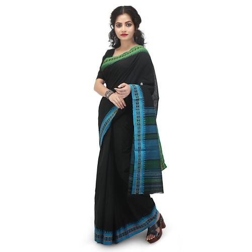 Black Pure Cotton Dhaniakhali Saree with Ganga-Jamuna Border | Handloom Elegance