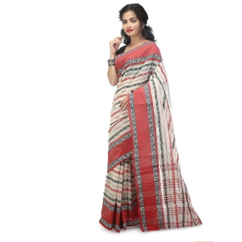 Woman wearing white and yellow Dhaniakhali saree handcrafted from pure cotton with traditional Bengali handloom weaving