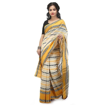 Woman wearing white and yellow Dhaniakhali saree handcrafted from pure cotton with traditional Bengali handloom weaving