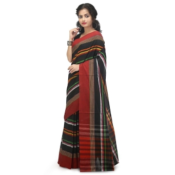 Woman wearing black traditional Dhaniakhali pure cotton saree with vibrant multicolor stripes