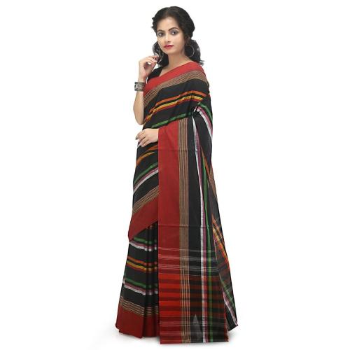 Black Traditional Handmade Pure Cotton Dhaniakhali Saree with Multicolor Stripes