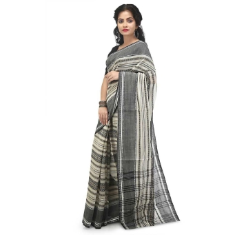 Woman wearing white and black traditional Dhaniakhali pure cotton handwoven saree