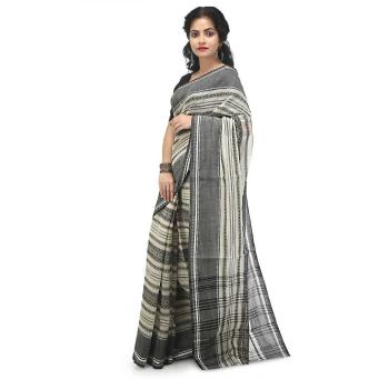 Woman wearing white and black traditional Dhaniakhali pure cotton handwoven saree