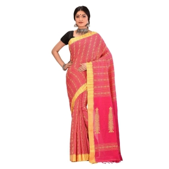 Woman wearing deep pink Phulia Habaspuri pure cotton saree with vibrant yellow border