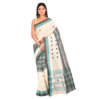 Woman wearing white Begampuri cotton saree with black and Rama green contrast border and buta design
