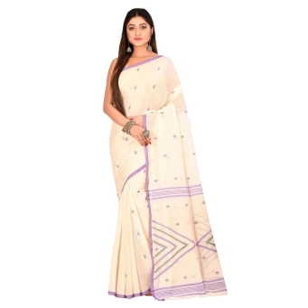 Cream white Phulia Jamdani saree featuring handcrafted cotton muslin and allover buta motifs