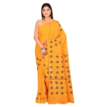 The CrazyLooms turmeric yellow and black handcrafted Kantha cotton saree with traditional Bolpur embroidery