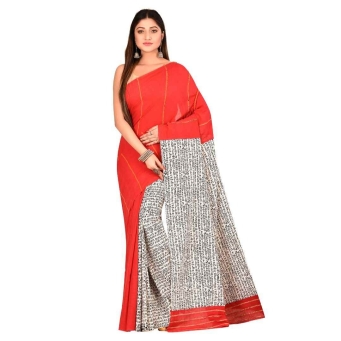 Woman wearing red and white handwoven cotton Khes saree from Birbhum