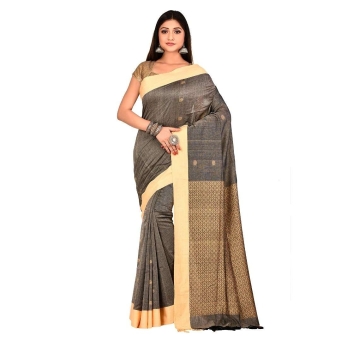 Woman wearing beige mercerized cotton Tangail saree with Fatehpur Sikri Zafri design