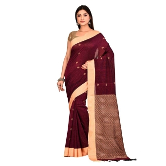 Woman wearing beige mercerized cotton Tangail saree with Fatehpur Sikri Zafri design