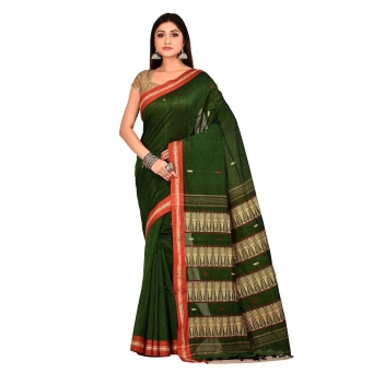 Woman wearing green and red mercerized cotton Tangail saree with fish motif pallu