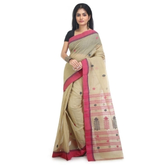 Side profile of light beige pink handmade Jamdani saree with needle work