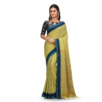 Woman wearing mehendi green and blue contrast handwoven Tangail cotton saree