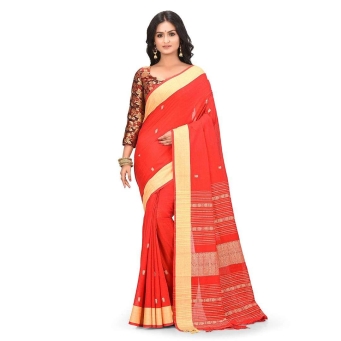 Red beige handwoven mercerized cotton Tangail saree from Phulia for women