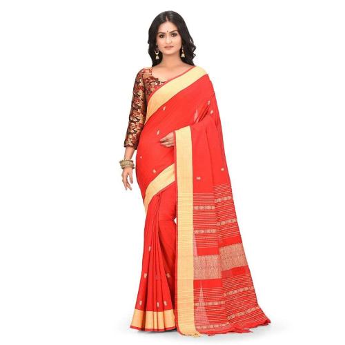 Red Beige Contrast Handwoven Mercerized Cotton Tangail Saree | Lightweight Bengali Handloom