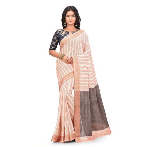 Light Orange Handwoven Cotton Tangail Saree with Kunbi Design & Jamdani Border
