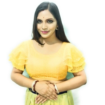 Women's yellow U-neck net blouse front design with stylish sleeves