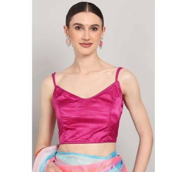 Pink polysilk V-neck blouse for women front view
