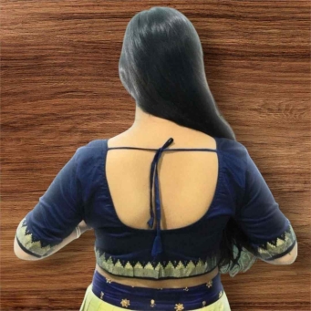 Women's navy blue round neck blouse back view