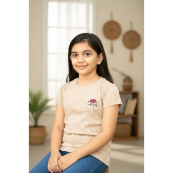 Girls soft fawn everyday T shirt worn by model indoor lifestyle
