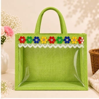 green transparent jute bag front view