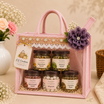 handmade pink jute bag with gift items display