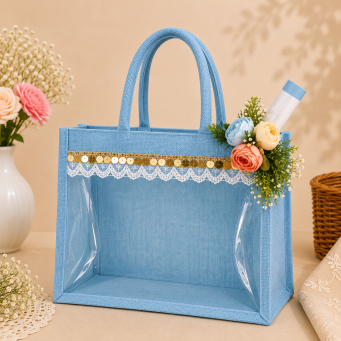 handmade blue jute bag transparent gift bag