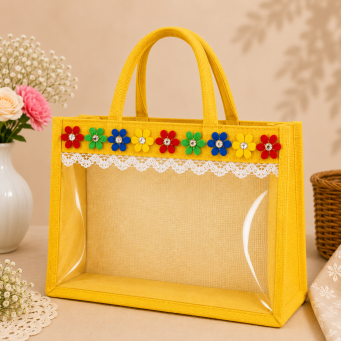 handmade mustard yellow jute bag transparent gift bag