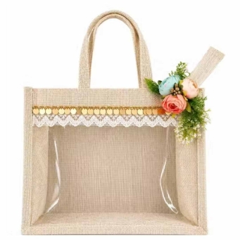 handmade jute bag transparent gift bag lace floral patch